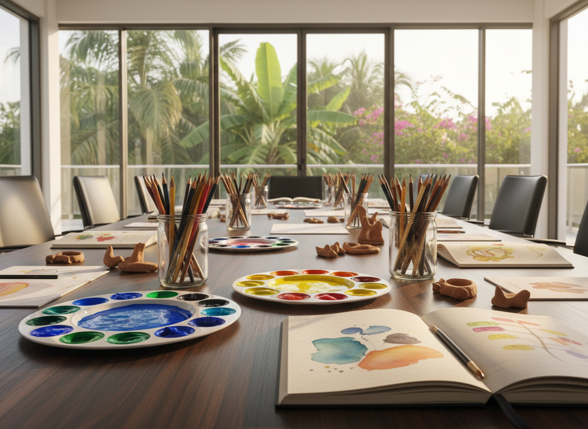 A sophisticated, minimalist conference table made of smooth dark wood, covered with neatly arranged creative workshop materials: vibrant paint palettes, finely sharpened colored pencils, elegant sketchbooks, and small handcrafted clay objects in progress. The table sits in a bright, airy modern meeting room with large windows opening onto lush Beninese greenery. Soft afternoon natural light washes across the surface, creating gentle reflections on glass jars of brushes and subtle shadows between objects. Photographic realism at eye level, with a shallow depth of field drawing attention to the tactile textures of paper and pigment. The mood is calm, inspiring, and professional, evoking a refined corporate team building environment focused on creativity and well-being without showing any people.